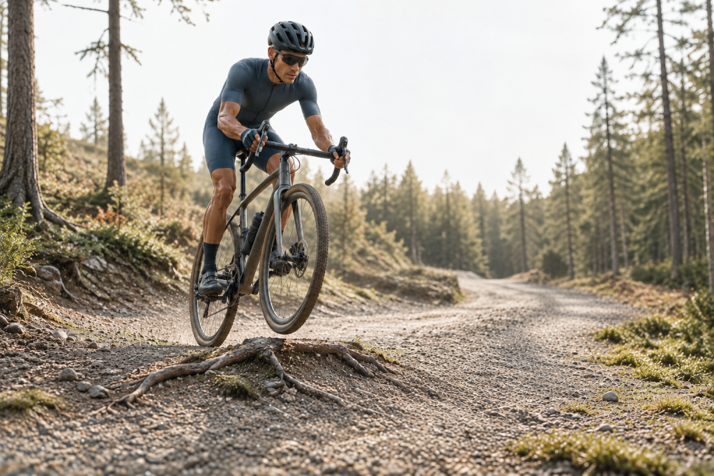 Gravel-Fahrer auf einem Waldweg